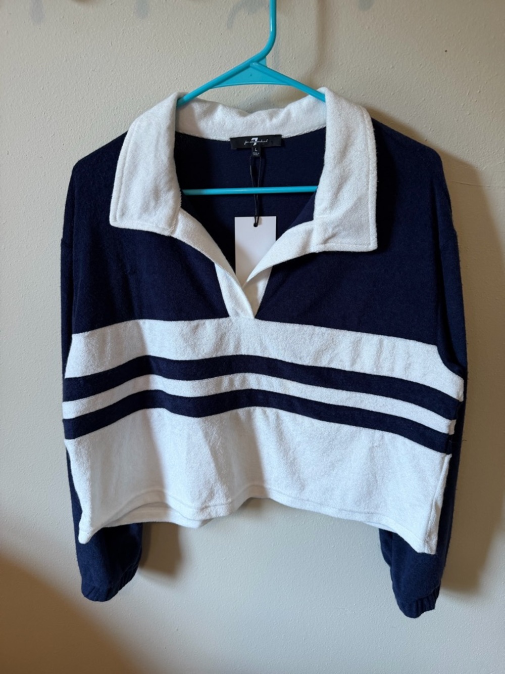 7 For All Mankind Navy & White Terry Cloth Top – Size Large (NWT) SMALL BLEMISH